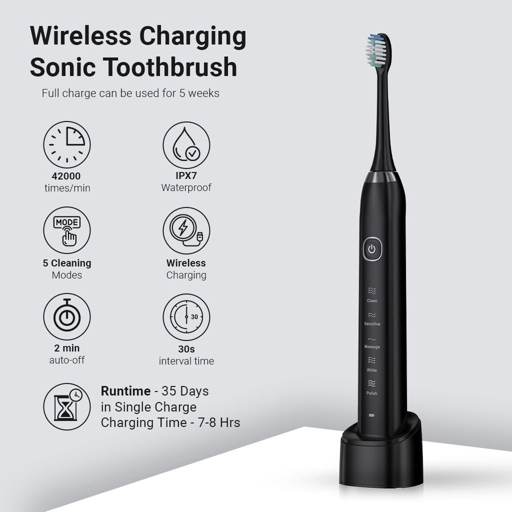 Electric Sonic Toothbrush With 8 Brush Heads Black