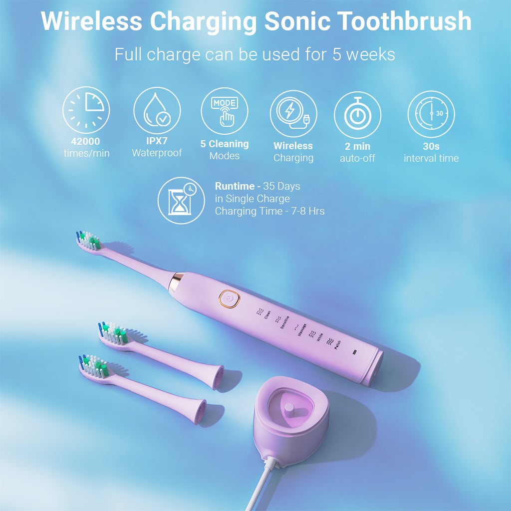 Electric Sonic Toothbrush With 8 Brush Heads - Purple