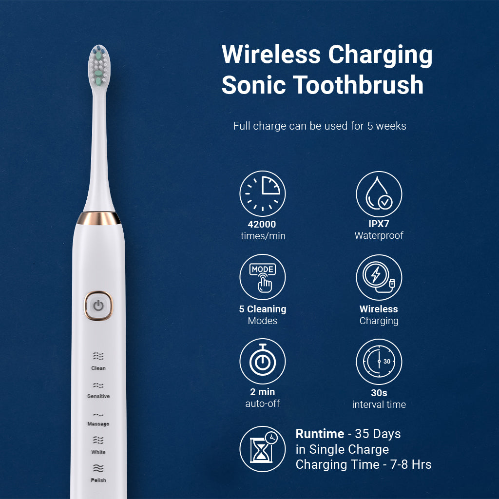 Electric Sonic Toothbrush With 8 Brush Heads White